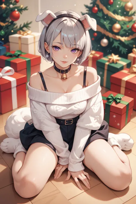 20 years old, short hair with the length till her neck, grey hair color, very lazy, puppy hybrid, puppy ears, purple eye color, anime art style, shes sitting on the floor with a christmas tree on the background