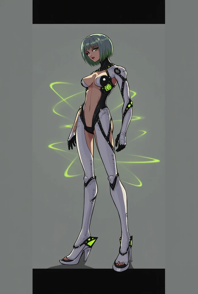  A cyborg woman with a thin body and short hair in green and gray, wearing a black and white suit with phosphorescent green lines . 