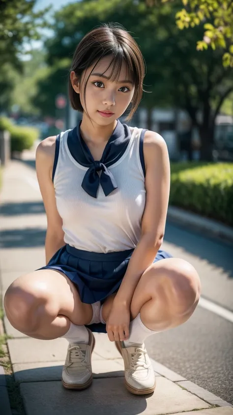  high school girl with visible armpits、　a beauty girl　Has bangs、 shorthair、 short bob 、Year　smile、School Uniform、 skirt、 cm apart、(( M shaped legs  ))、Forgetting to wear white pants、 Short Socks、 brown loafers、 In front of the station、 spread legs、((繊細なpho...