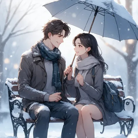 The guy is the perfect anatomy in a warm sweater,  warm sports pants , scarf , winter jacket ,  sitting on a bench its snowing looking at a cat standing with an umbrella and a warm blouse,  They look at each other , It&#39;s snowing,  Cute Picture Cartoon ...