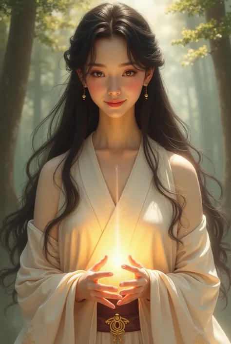  An elegant goddess that is friendly to Japanese people 、A gentle expression and gentle eyes 、 Long black or dark brown hair 、 Wears a white or pale pink robe 、 A symbol of light shining on the chest 、 The background is a sacred place like a mysterious for...