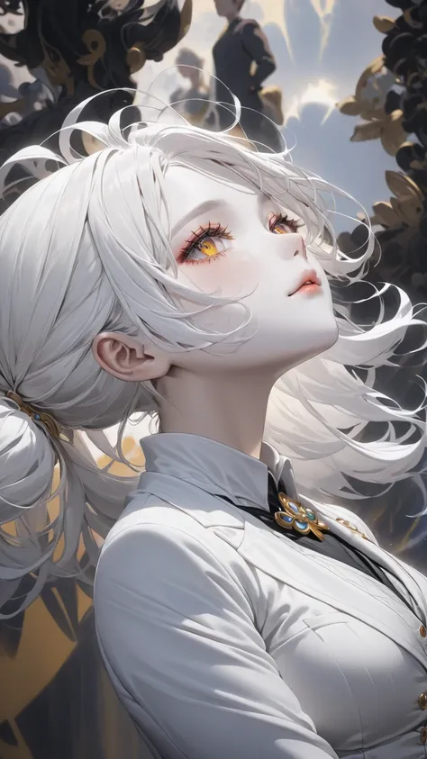  best quality , masterpiece,White hair,  with golden eyes, white clothes , look up, Whole body,Hair,Fair skin,Side braid ， ponytail