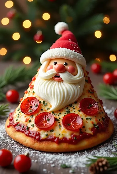 Create a slice of pizza disguised as Santa Claus