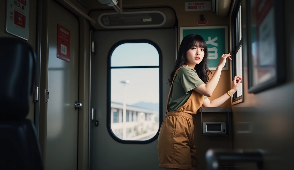 Capture the scene of a 20-year-old Korean woman with a perfect face standing in the carriage of a train. The film perspective shows the woman with one hand grasping the handrail sideways and looking out of the window. She is wearing a tight T-shirt, work s...