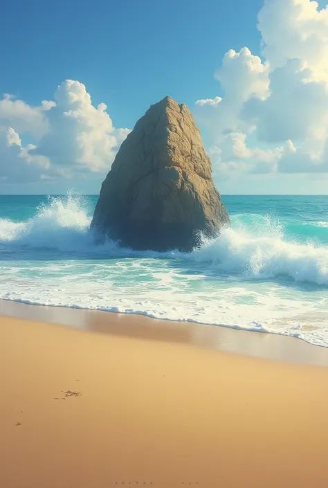 Rock in the middle of the sand with waves hitting 
