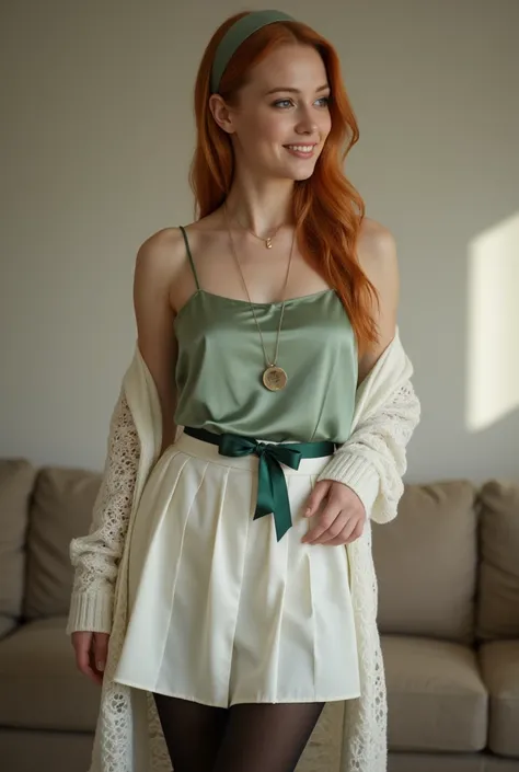 ultra Realistic upper body of a beautiful young  red haired German woman with ponytail, headband, Necklace, smile. Beautiful legs and high heels , She stands in the livingroom, She wears a light green satin spaghettistraptop and a tight, white knee-lengh s...