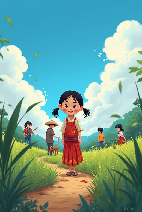  Cartoon rem In a history of Vietnamese farmers, people are born with their mouths and tongues of one color,  or primary and secondary fabrics in a lively atmosphere , Under blue skies painting  