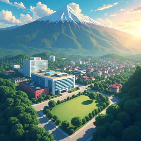  A city with mountains on the horizon anime-style , To Love Ru,  the city has houses , a huge hospital ,  a huge white school with blue tinted windows , stores,  vacant lot and a huge park with trees in the surrounding area with the sun just rising at dawn...