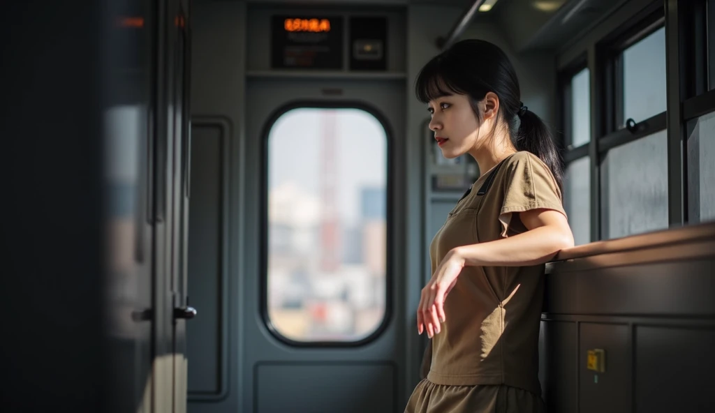 Capture the scene of a 20-year-old Korean woman with a perfect face standing in the carriage of a train. The film perspective shows the woman with one hand grasping the handrail sideways and looking out of the window. She is wearing a tight T-shirt, work s...