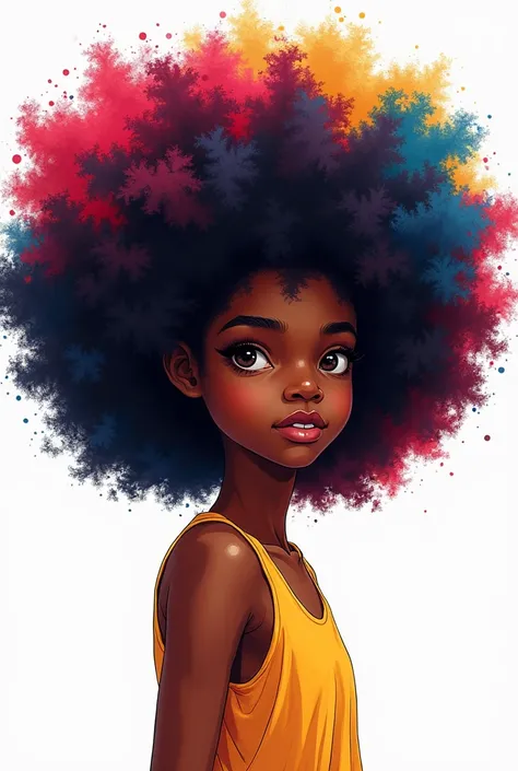 An African-American girl, in the realistic pop art style ,  with colored shadows,  with a large colorful afro . that the background is white,  so that your hair looks full. That it is half sided 