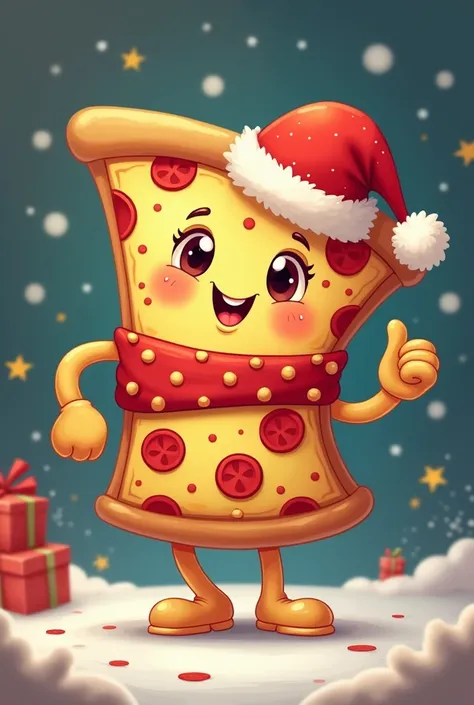  creates a mascot out of a slice of pizza, Who has hands and legs , with a Christmas hat