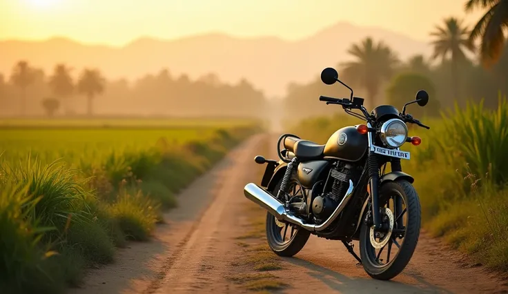 A Bajaj Freedom motorcycle parked on a rural Indian road during sunrise, surrounded by green fields and a peaceful ambiance."