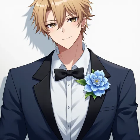 anime man. elegant suit. Black ribbon and a blue gardenia flower above the black ribbon. 