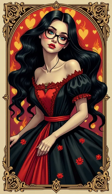 A Queen of Hearts reimagined as a playing card, a 35-year-old Venezuelan woman with black-rimmed glasses, black hair flowing like ink against an intricate background of gold filigree and flaming hearts, a black and red dress with baroque patterns, a card d...