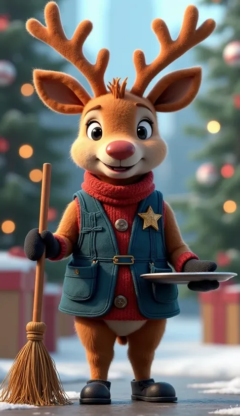 A highly detailed 3D digital illustration of a reindeer wearing a dark blue industrial safety vest
with a star shaped pin holding a broom in one hand and an empty tray in the other hand, on a Christmas background