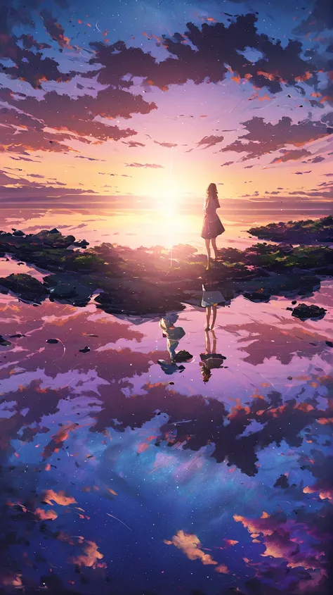  1 girl, eye,  close,  A Beautiful Night Sky , Meteor Shower, Beyond the Clouds, Surrounded by water,  reflections, Wide Angel,  Breathtakingly Beautiful Clouds, Wide angle, Works by Makoto Xin Haicheng,  Thomas Kinkade ,  James Gileard , From holosomniala...