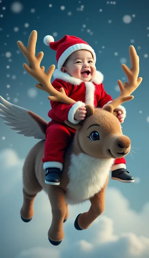 Realistic. Photorealistic. Image is vibrantly colored.
photo,Highly detailed

A Japanese baby, about 6-9 months old, wearing a Santa Claus hat, a Santa Claus costume, and red pants, is happily riding a big, fluffy, very fat reindeer.

The reindeer has wing...