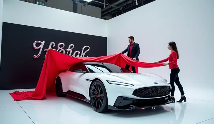 captivating image of a 2025 Ford Capri taking a center stage in a luxurious white showroom.
The futuristic, vibrant white exterior gleams , showcasing its sleek aerodynamic design and bold accents ,the words Capri,a man and woman uneiling the car by pullin...