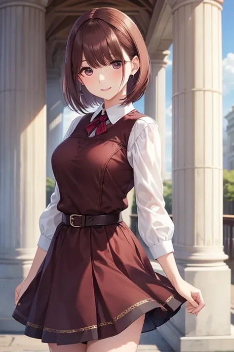 my grandmother、 shiny maroon hair ,  shorthair, ( brown pretty eyes、 Sparkling Eyes , Fine grain)、smile、 ultra-detailed eyes sandwiched between columns、Highly detailed faces,  very detailed eyes, 1 girl, (( cowboy shot)),



 casual dress,  skirt, Confiden...