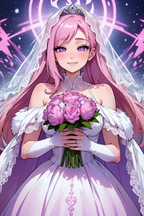 Perfect face. Perfect hands. A pink haired woman with violet eyes and an hourglass figure in a winter wonderland wedding dress is smiling with a bouquet of peonies