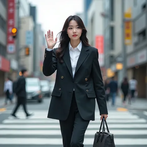 A Japanese female actress in her 20s wearing a suit and holding a tote bag crossing a pedestrian crossing with one hand raised, real photo, ultra high resolution, 4K