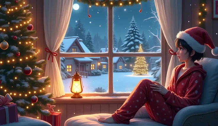 A cozy Christmas scene of ren in festive pajamas and Santa hats sitting by a frost-covered window, gazing out at a glowing Christmas tree in a snowy yard. The room is adorned with holiday decorations, including a beautifully lit Christmas tree and garlands...