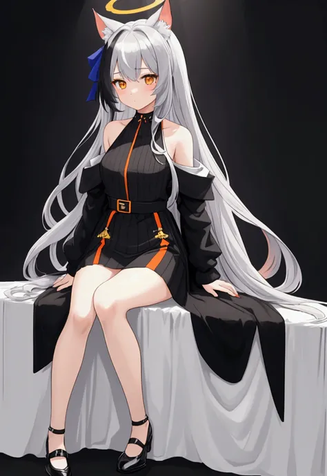 ( masterpiece ,  Best quality ),  1girl, {cocoons_bluearchive:1.15},  long hair,  orange eyes ,  grey hair, bang,  Multicolored hair, striped hair , animal ears, halo,  black dress, Striped dress, vertical-Striped dress,  pelvic curtain , white skirt, blac...