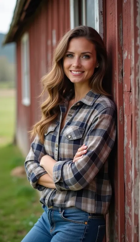 A 36-year-old woman posing near a rustic barn, wearing a plaid shirt and denim.