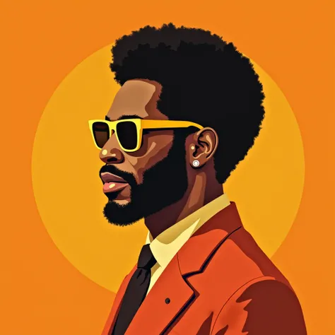 Create a vibrant Pop Art-style profile portrait of a man resembling Morgan Freeman, featuring afro-textured hair, large retro sunglasses, and a classic 70s-style suit with sharp lapels. Highlight his iconic facial structure and distinguished appearance. Us...