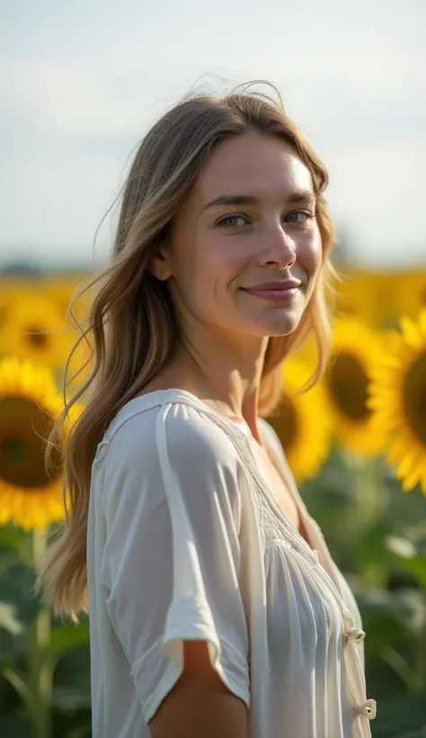 A 37-year-old woman standing by a sunflower field, dressed in a modest blouse.