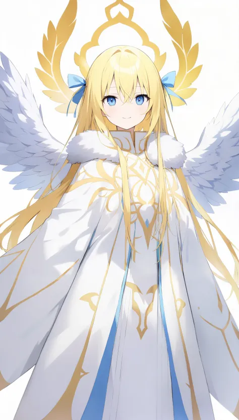 {{masterpiece、 Attention to Details }}、((White background,eye level shot、 cowboy shot、 looking at me))、 1 teenage woman 、 gentle smile（Yellow long hair、Fluffy long hair）、 blue eyes、healthy、Angel、celestial robe、 hair ribbon、Angelの羽、 feathers growing on its ...