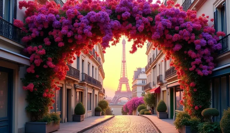 vibrant bougainvillea tree in arch , On a picturesque narrow street in Paris with the Eiffel Tower in the background falling sunset without people or cars