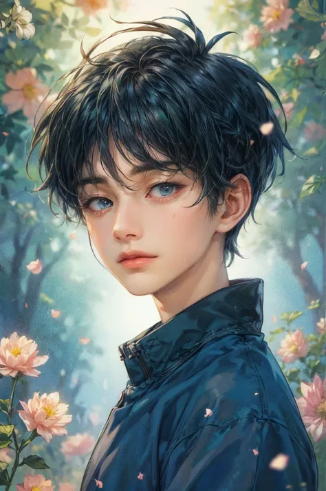 (absurdres, highres, ultra detailed, HDR), masterpiece, perfect face, detailed face, intricate details, watercolor art style, soft, extremely detailed character profile, best quality close-up picture,  serious face, kpop face , young boy, male, guy, art by...