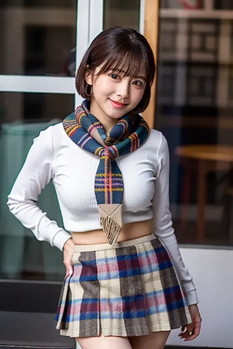 (Masterpiece,  best quality, Perfect Anatomy,  highres icon, 8k, realistic, photo realistic, natural skin texture, no makeup:1.2), Japanese girl stopping in front of a shop window, age20, (very cute:1.2), shy smile, (large breasts and perfect style:1.2), (...