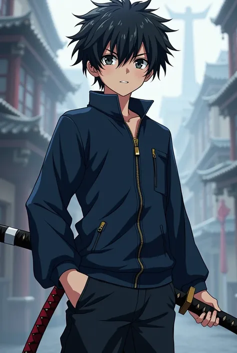 Ultra HD,  high quality ,  masterpiece , anime, A boy , light skin,  short black hair ,  dark blue zipped clothing ,  dark blue pants ,  clothing in the style of the anime Demon Slayer,  the boy has a katana .