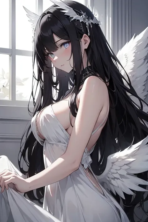 In the ethereal realm of angelic beings, a solitary white-angel is depicted with delicately broken wings that extend farther than usual, creating a mesmerizing scene. Her halo, as radiant as the sun, emits a gentle light and is of the same pure white tone ...