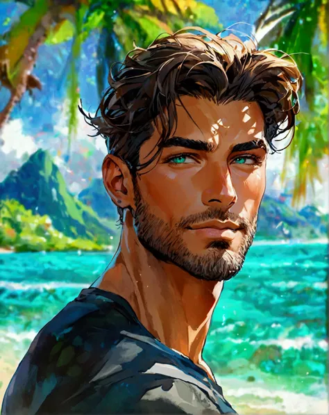 Illustrate a handsome European man in his late thirties. He has a square face, roman nose, low cheek structure, coiffed dark blonde hair, green eyes, tan skin and muscular physique. His outfit features a marine pattern t-shirt. Summer tangled in his hair a...