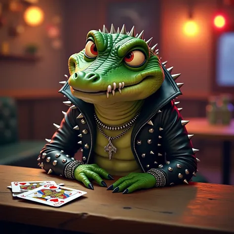 "Create a quirky and detailed scene featuring an anthropomorphic alligator with a mischievous and evil look on its face. The alligator has large, expressive eyes and is wearing a punk-inspired outfit, including a black leather jacket with silver spikes, a ...