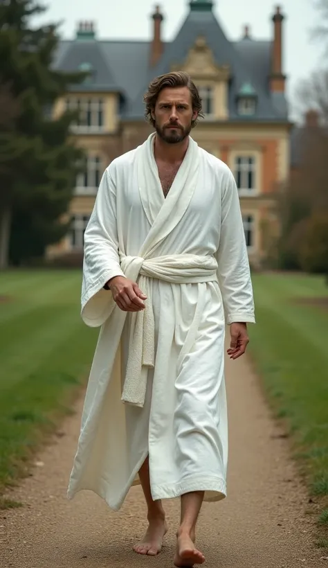 A Very Clear 4K Ultra HD Dynamic Image Of "The English officer, with a contemplative face, removes his royal uniform and wealth, donning a simple white robe as he walks away from his mansion toward a quiet, humble path.