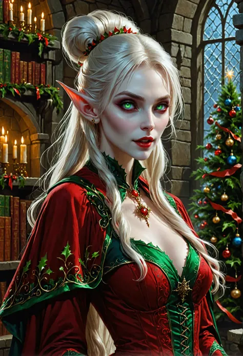 arafed a picture of elf vampire in her castle celebrating Christmas, an exquisite beautiful female elf vampire (ultra details, Masterpiece, best quality), bloody mouth, white hair, pale skin, hair in a ponytail, long hair, blond hair, blue eyes, small poin...