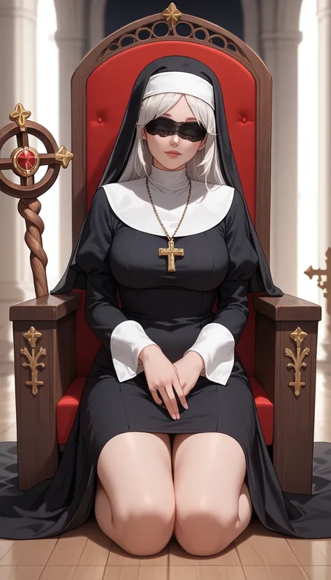  an older nun  ,  she is sitting on a throne she has a wooden staff in her hands  ,  she is in a large basement made of stones and woods  ,  she has blindfolds  , usa um colar de pérolas white e nas pontas uma cruz de prata,  a nuns outfit made entirely of...