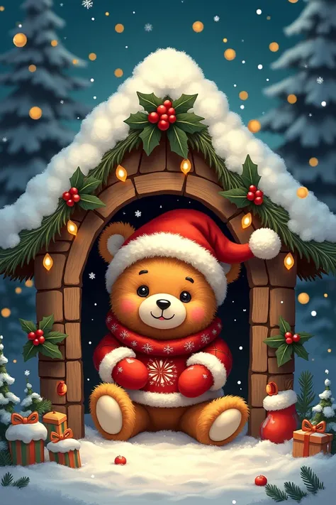 Christmas bear in Santa hut acrylic paints