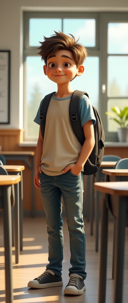 Real image  student boy inside the classroom with a backpack on his back smiling full body professional camera image extremely realistic to the human being , skin and hair texture 