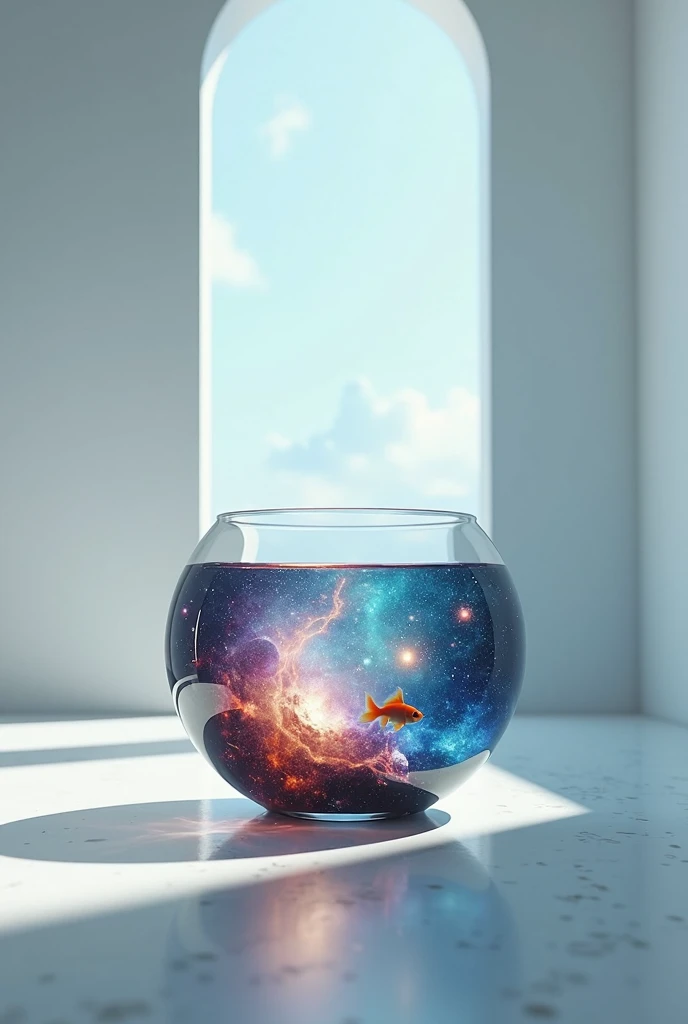  A round goldfish bowl is placed in a bright, white-based room。
The universe spreads out inside that fishbowl 。