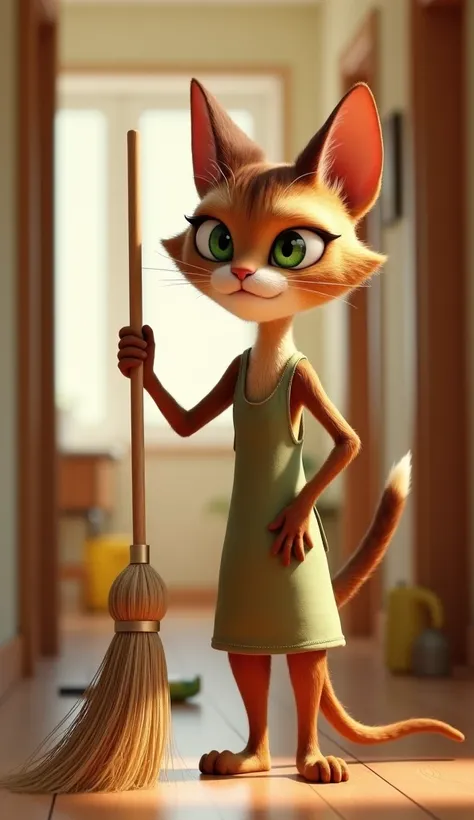 

**Specie**: A 3D Pixar-style anthropomorphic female cat  
**Appearance**: Tall and slender with shiny brown fur, bright green eyes, and a sleek tail  
**Clothing**: A simple, casual dress or apron  
**Expressions**: angry face  
**Image**: Ultra HD, high...