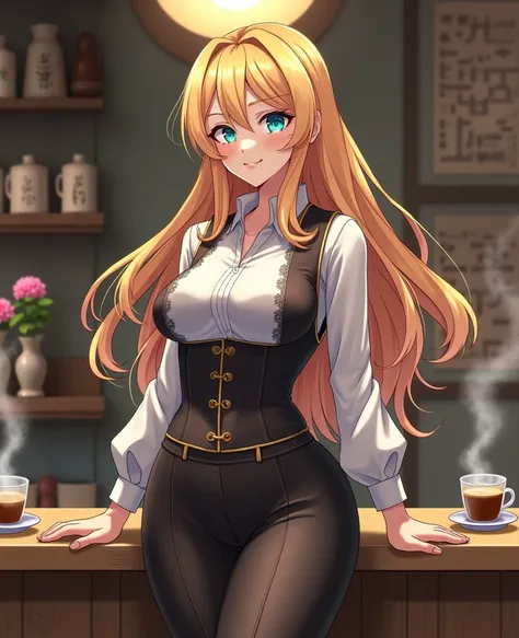 Physically fit adult woman with long blond hair and big breasts wearing a long-sleeved uniform from a Japanese coffee shop anime version