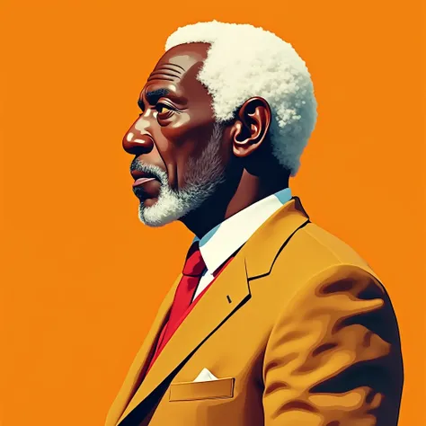 Create a vibrant Pop Art-style profile portrait of Morgan Freeman, a classic 70s-style suit with sharp lapels. Highlight his iconic facial structure and distinguished appearance. Use a warm, limited color palette of orange, yellow, and brown, with flat, bo...