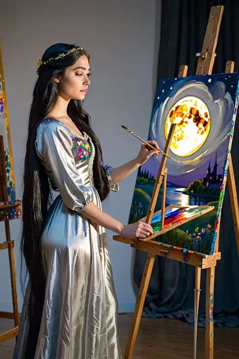 Rapunzels 20-year-old woman with very long black hair  dressed in a long silver silk dress is standing painting a real large picture leaning on an easel in an art room in the fullmoon light