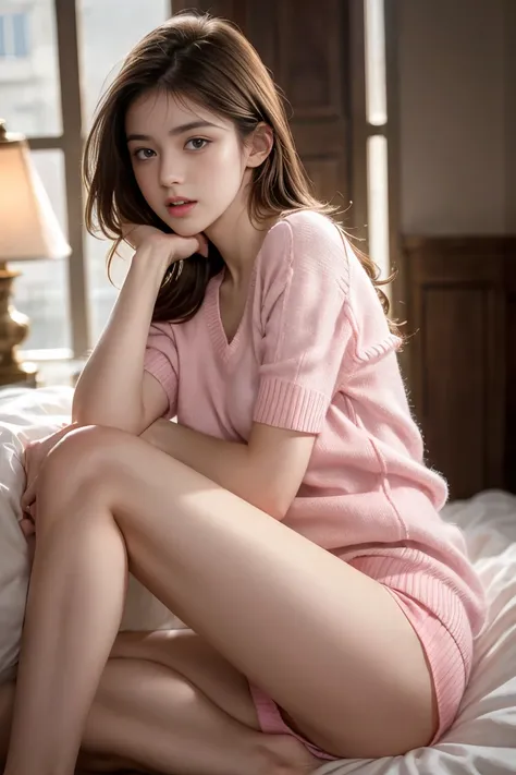 a beautiful french 18 year old brunete girl, handcuffed, wearing a pink short sleeve sweater, realistic, visible legs, doggystyle position, high quality, detailed, photorealistic, cinematic lighting, soft colors, elegant, erotic,pale skin,open mouth