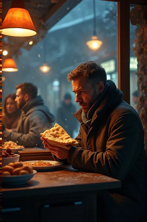 A man is eating pita in a shop on a winter night